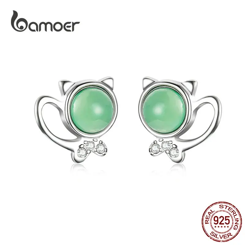 

bamoer Cat Earrings for Girl Gifts Grass Green Stone Kitty Stud Genuine Silver 925 Anti-allergy Fashion Jewelry SCE653