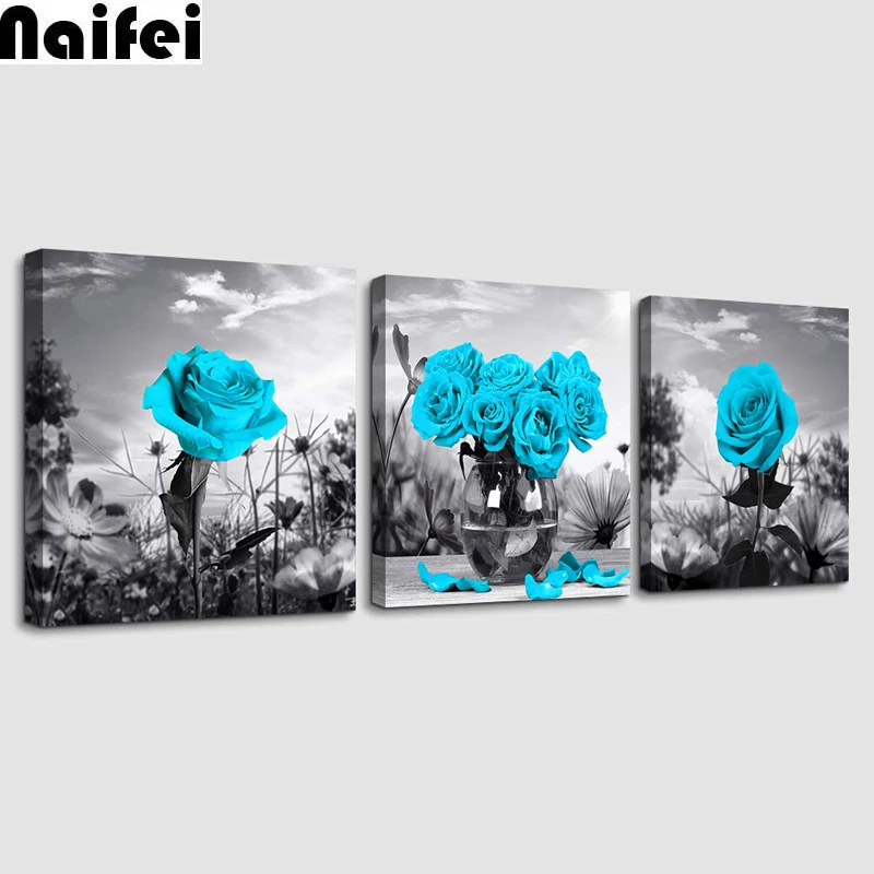 

Diy full Diamond Painting kits 3 piece Black and white landscape Blue red rose flower Bathroom Wall Decor modern Home Decoration