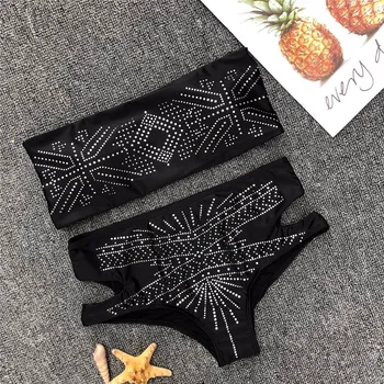 

Maillot De Bain Femme 2019 Sexy Black Bandeau Bikini High Waist Women Swimsuit High Waisted Bathing Suits Glitter Bikini Set