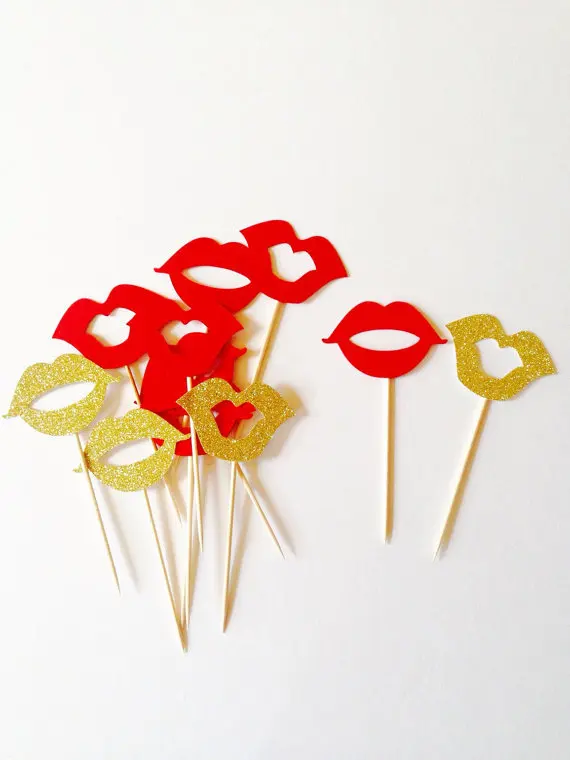 Glitter gold red lips cupcake toppers wedding bridal shower toothpick