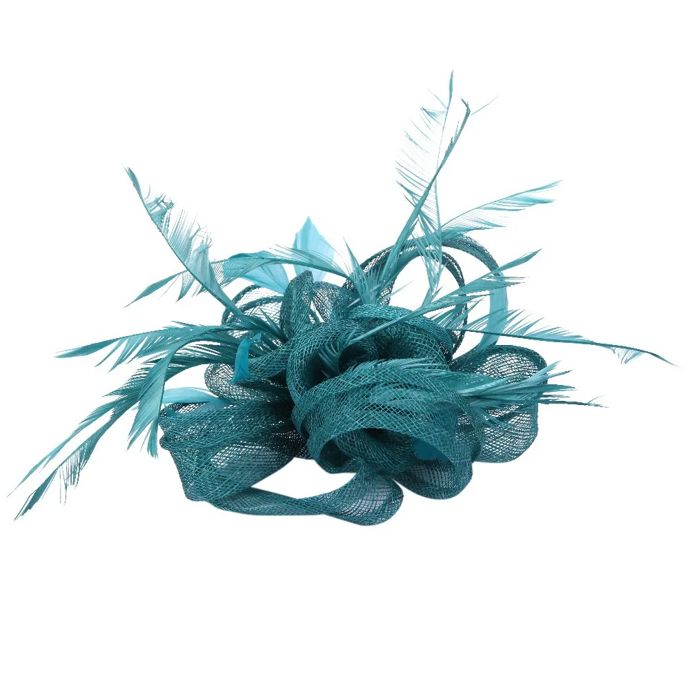 Women Teal Loop Sinamay Hair Fascinators With Feathers Hair Clip