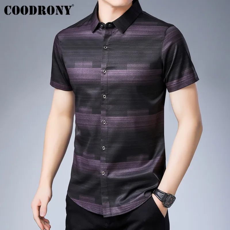 COODRONY Social деловые повседневные рубашки Camisa Masculina летняя крутая Мужская рубашка с коротким рукавом модная полосатая Мужская рубашка S96025