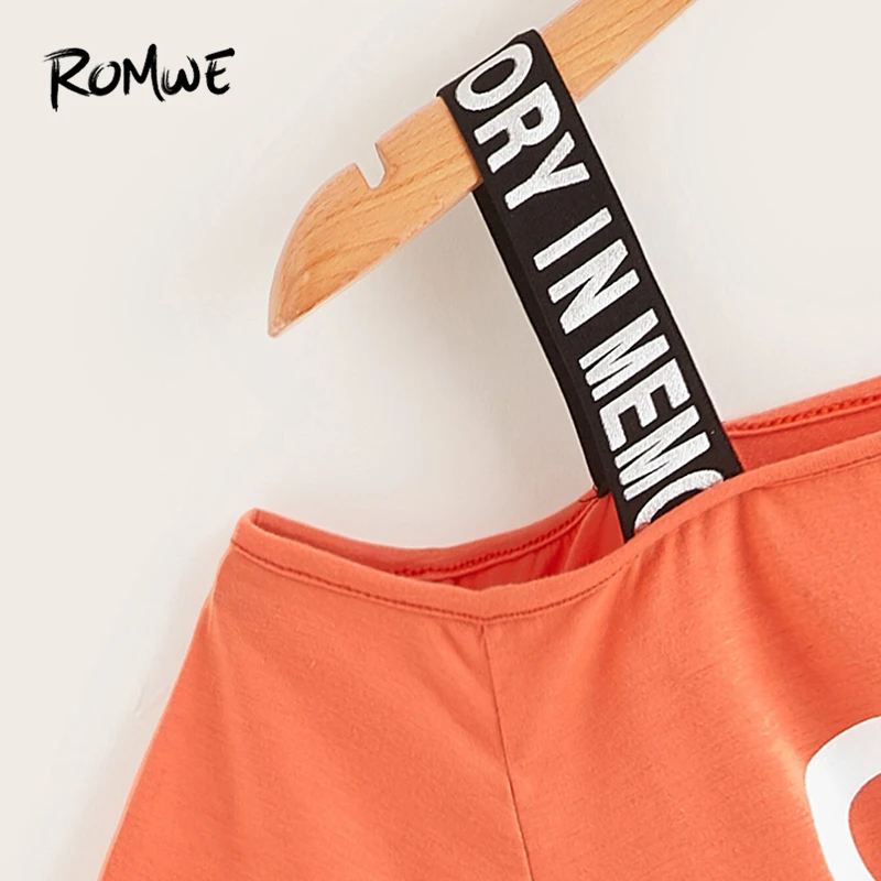ROMWE оранжевая футболка с буквенным принтом и открытым плечом для женщин Лето вырез Асимметричный вырез короткий рукав повседневные футболки Топы