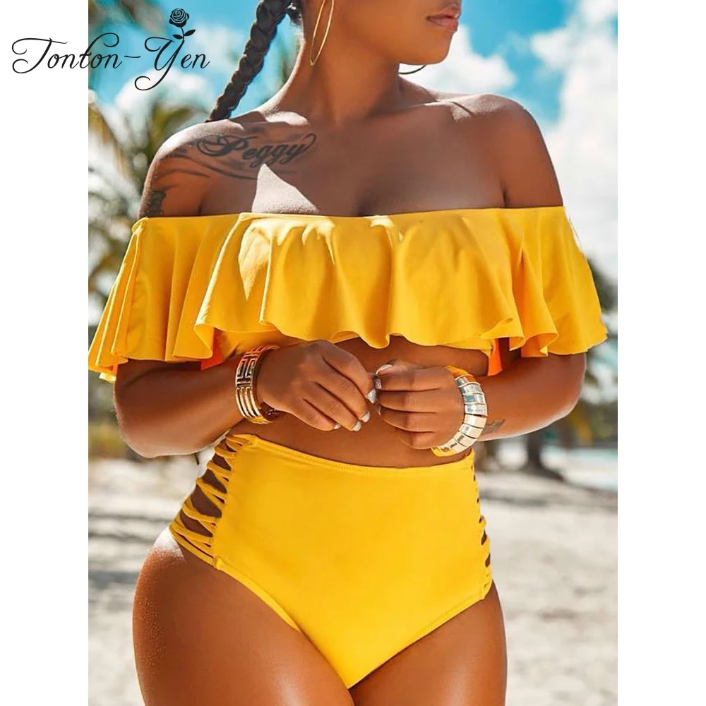 yellow swimsuit high waist