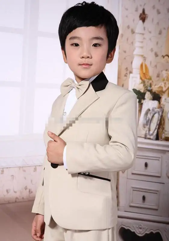 

New Two Buttons Boy Tuxedos Notch Lapel Children Suit Beige Kid Wedding/Prom Suits (Jacket+Pants+Tie+Vest