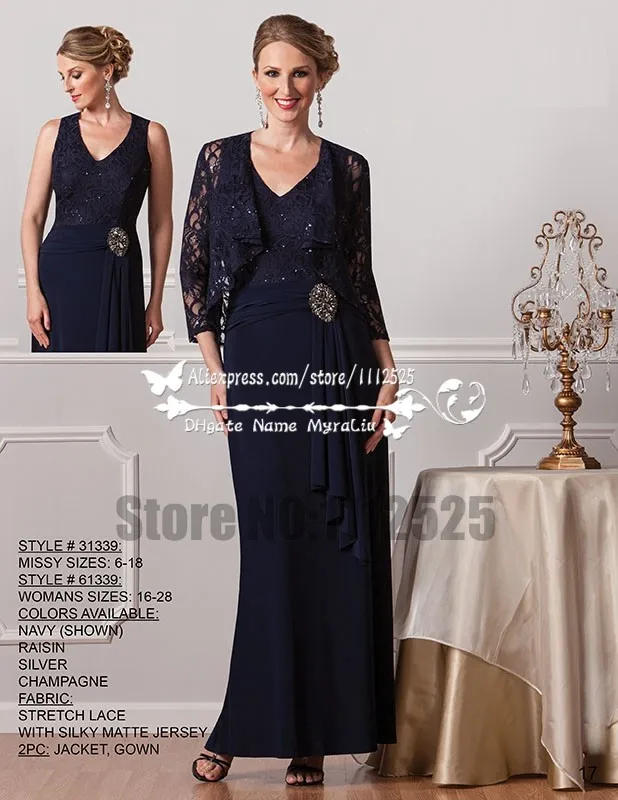 AMD3061 Mother fo the bride dresses with lace jacket Dark navy gown for wedding