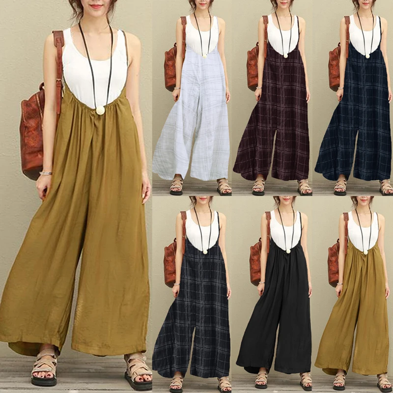 Women Plaid Retro Vacation Jumpsuits Dungarees Wide Leg Trousers Loose Long Pants Overalls Cotton Braces Casual Sleeveless Jumpsuits and Playsuits