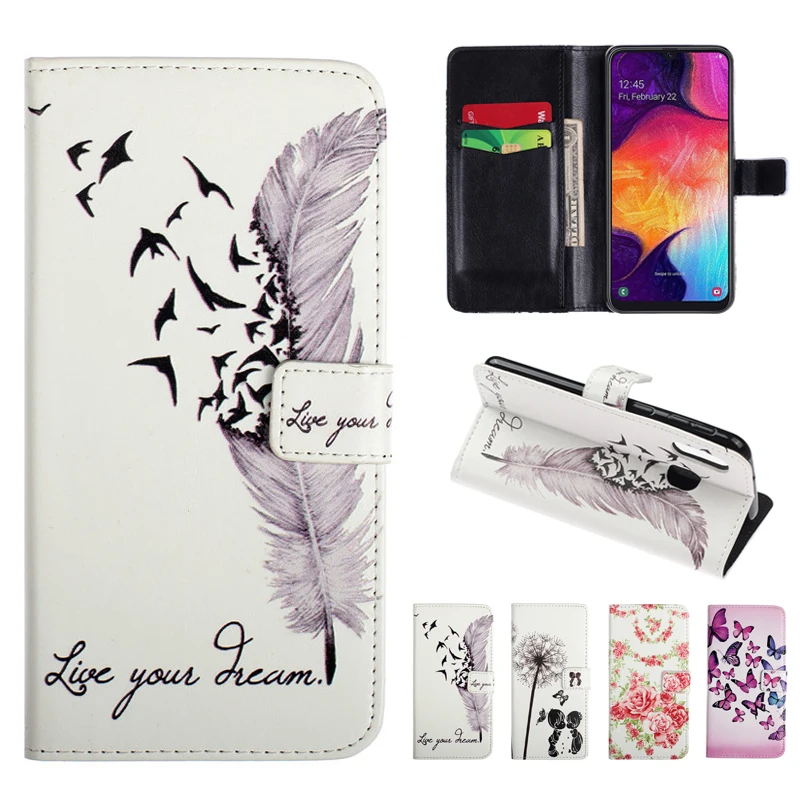 

Book Flip Leather Case For Samsung A70 Feather Butterfly Flower Print Wallet Cover For Samsung A10 A20 A30 A40 A50 M10 M20 M30