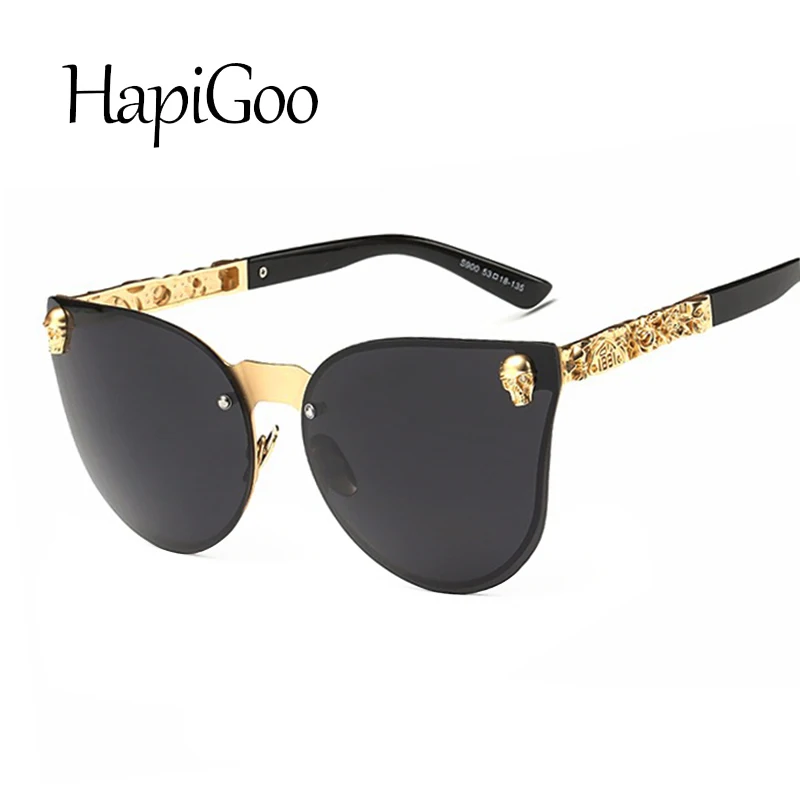 

HAPIGOO Vintage Gothic Men Rimless Cat Eye Sunglasses Women Skull Frame Brand Designer Mirror Steampunk Sun Glasses For Female