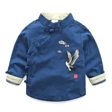 Рубашка для мальчиков; хлопковая Детская рубашка с воротником «Мандарин»; одежда с длинными рукавами в китайском стиле; рубашки на весну-осень; костюм журавля; одежда для детей