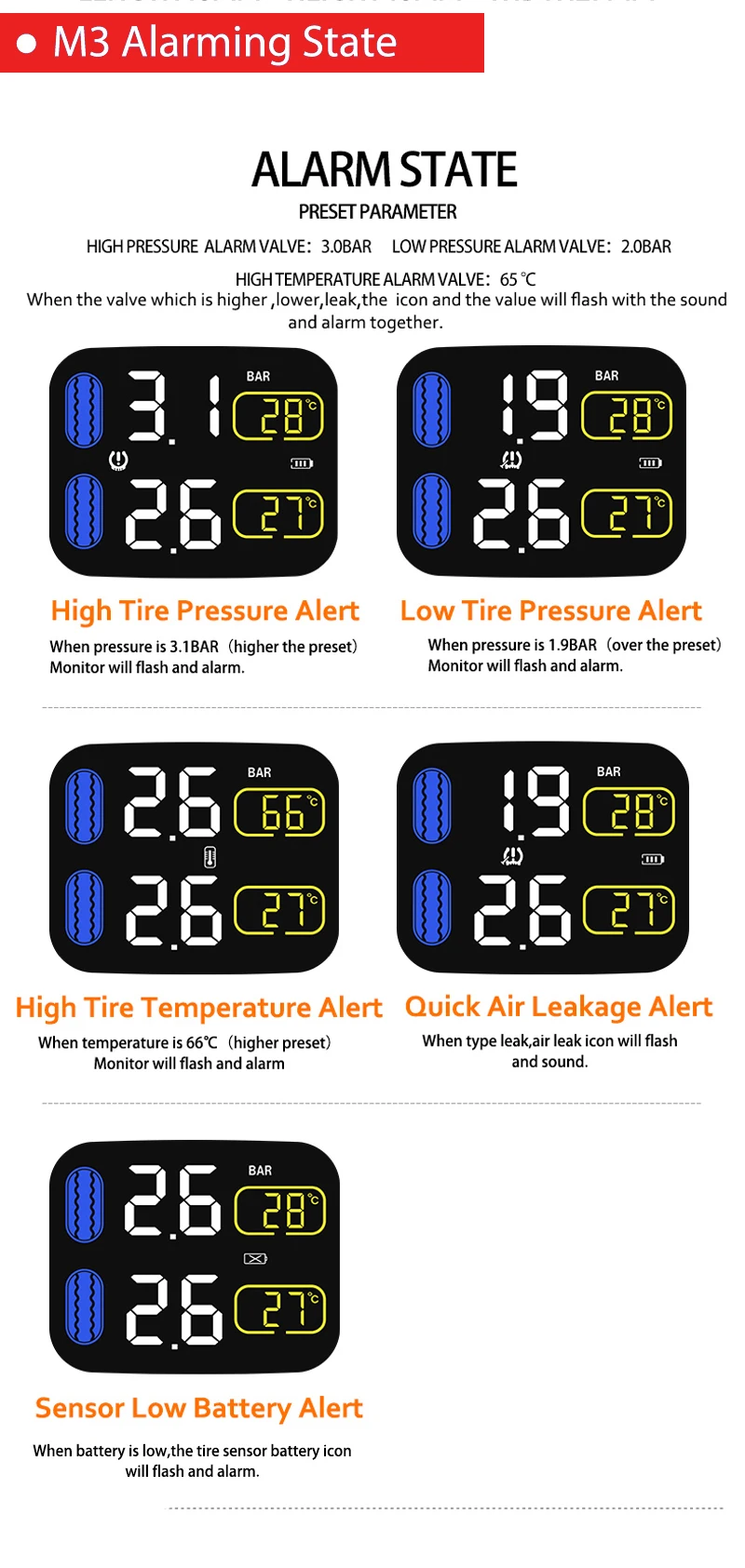 Wireless Motorcycle TPMS Tire Pressure Monitoring System Motor Tyre Auto Alarm M3 TPMS-5