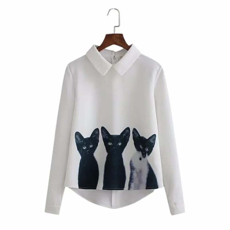 

JAYCOSIN Casual Women Chiffon Three Cats Loose Tops Spring Fashion Long Sleeve Blouse Turn-down Collar Lady Full Shirt 0311