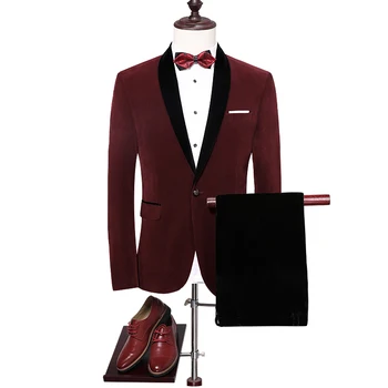 

Velvet Suit Men 2019 Slim Fit Wedding Suits For Men Shawl Collar High Quality Royal Blue Burgundy Tuxedo Jacket