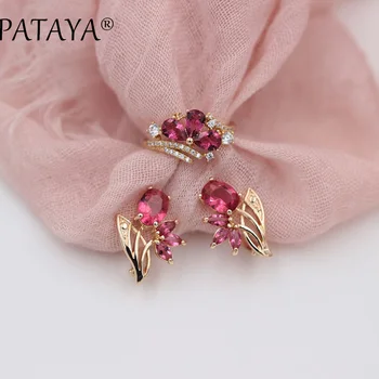 

PATAYA New Arrivals Rose Red Water Drop Horse Eye Natural Zircon Earrings Ring Sets Women 585 Rose Gold Original Wedding Jewelry
