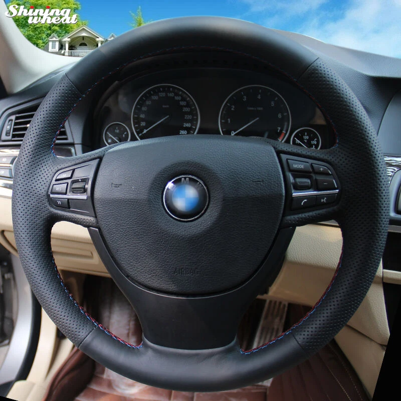 cheap Shining wheat Hand stitched Black Genuine Leather Car Steering Wheel Cover for BMW F10 523Li 525Li 2009 730Li 740Li 750Li