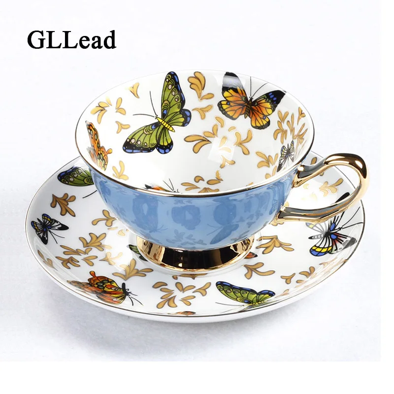 Cena GLLead Bone porcelanowa filiżanka do kawy zestawy kolorowe motyl ceramiczne naczynie na herbatę filiżanki ze spodkami brytyjskie biuro filiżanka porcelanowa fajny prezent