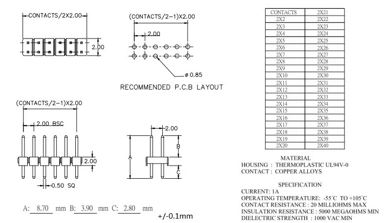 100 шт. 2x18 P 36 Pin 2,0 мм штыревой разъем типа «папа» двойные прямые PCB 180 через отверстие Изолятор высота 2,00 мм Соответствует rohs, не содержит свинец