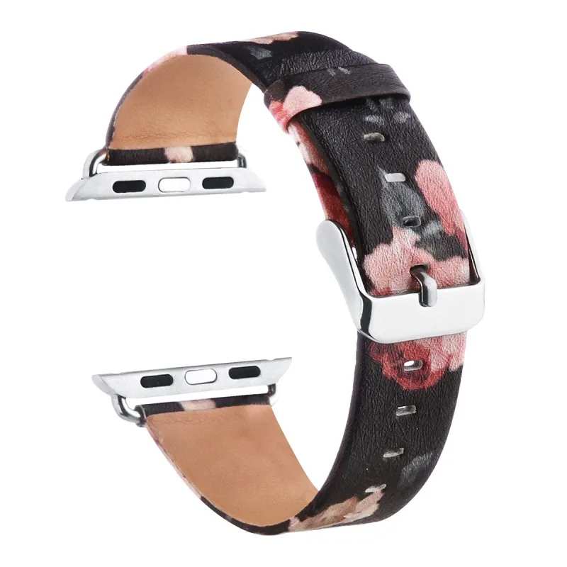 Роза Цветочный принт кожа часы ремешок для Apple Watch Series 3 ремень черный браслет для серии 1/2/3 браслет пояса 42 мм 38 мм