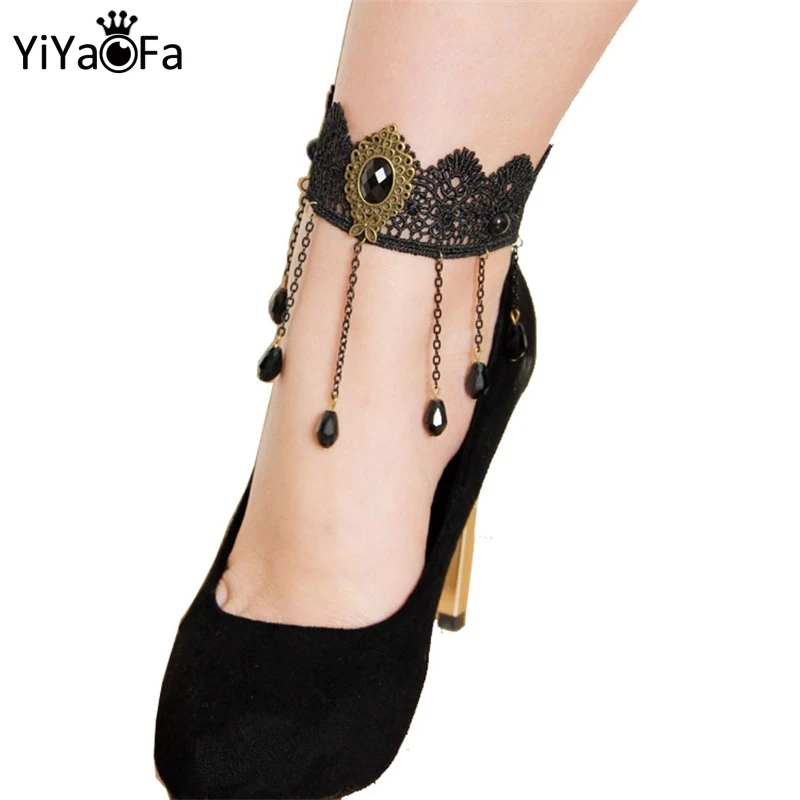 

YiYaoFa Handmade Gothic Jewelry Vintage Black Lace Tassel Anklets for Women Accessories Lady Foot Jewelry FL-01