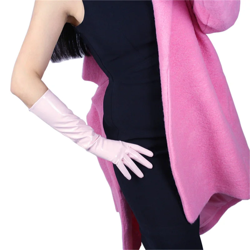 Light Pink Patent Leather Woman Gloves 40cm Long Faux Genuine Leather PU Leather Gloves Mirror Bright Leather Female Mittens P48