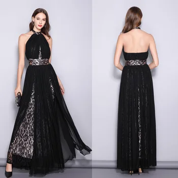 

Robe De Soiree Sexy BLACK Halter A Line Formal Evening Dresses New Lace Backless Elegant Party Dress Prom Gowns Vestido Longo