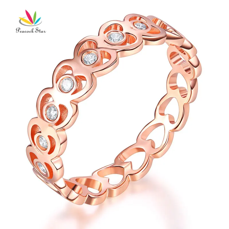 

Peacock Star 14K Rose Gold Heart Wedding Band Women Ring 0.07 Ct Diamond 585 Fine Jewelry
