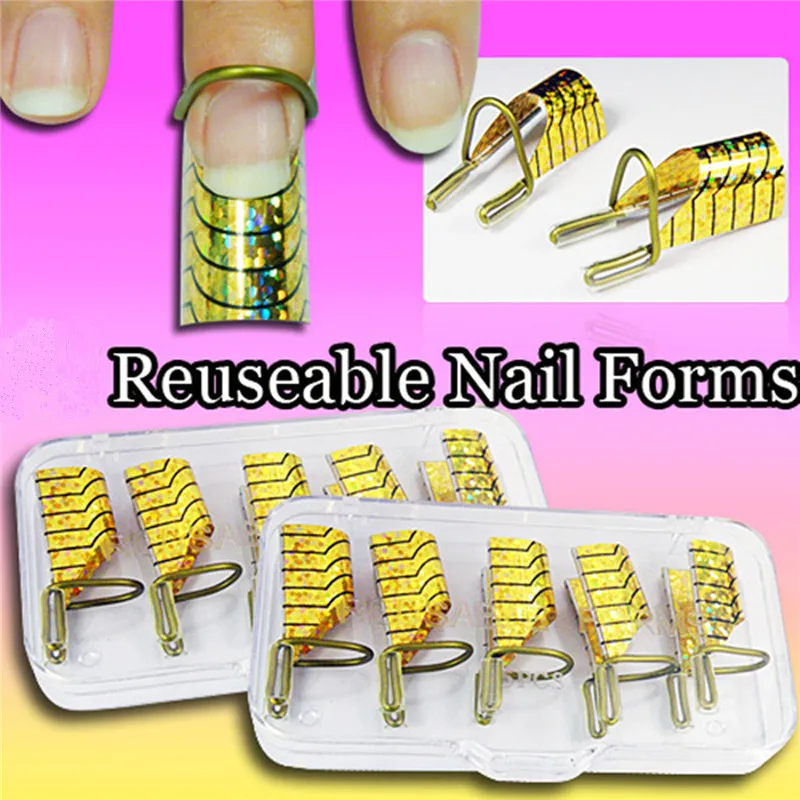 5Pcs/Set Golden Reuseable Nail Finger Tips Extension Tool UV Gel Acrylic Nail Forms Quick Building Mold Nails Art Manicure Tool