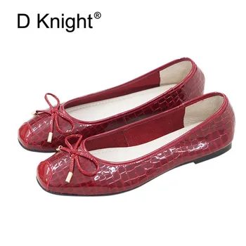 

Genuine Leather Square Toe Bow Flat Bottom Ballet Dance Shoes Comfortable Shallow Women's Single Shoes Black Flats Loafers Woman