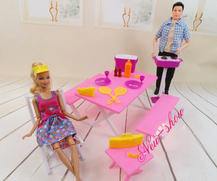 Pink Barbecue Table Chair Set Dollhouse Furniture Pretend Play Accessories for 1 6 Barbie Kurhn Kelly