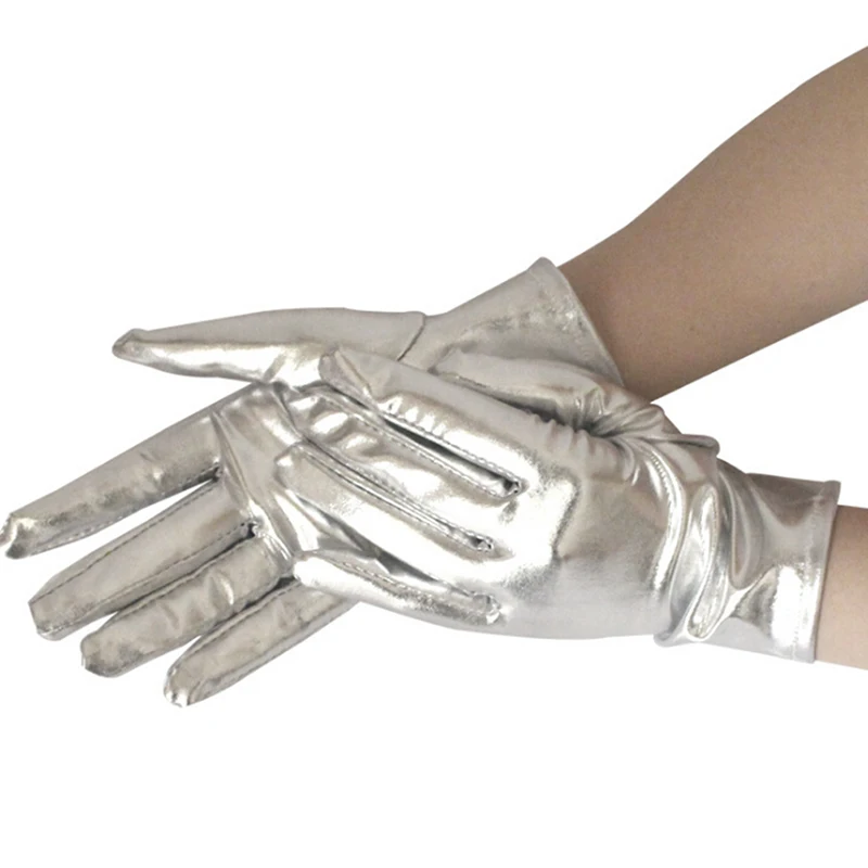 

1 Pair Silver Sexy Wrist Length Latex Gloves Women Wet Look Fake Leather Metallic Glove Evening Party Stage Performance Mittens