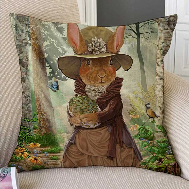 

Lovely Fair Tale Alice in Wonderland Bunny Cat Hamster Owl Fox Art Drawing Children Room Decorative Throw Pillow Cushion Cover