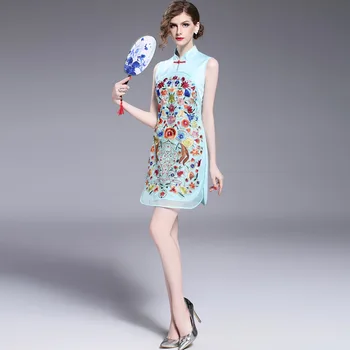 

Chinese Style New 2020 Summer Women's Fashion Slim Sleeveless Mandarin Collar Embroidery Qipao Mini Dress Ladies Vintage Dress