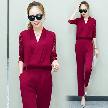 

Women's sports two-piece solid color Slim V-neck long-sleeved shirt Slim trousers 2019 new spring and summer pants suit