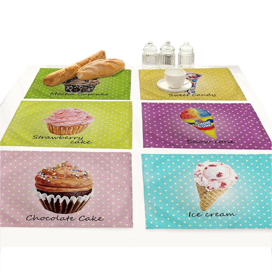 

Cute Cartoon Ice-cream Cake Dot Placemat for Dining Table Cup Coaster Set Cotton Linen Fabric Printing Table Mat Pad Doilies