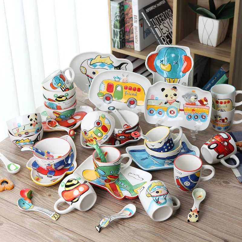 

4pcs / set animal Transportation Baby plate bow cup Forks Spoon Dinnerware feeding Set, ceramic cartoon Baby children tableware