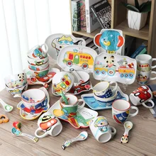 4pcs / set animal Transportation Baby plate bow cup Forks Spoon Dinnerware feeding Set, ceramic cartoon Baby children tableware