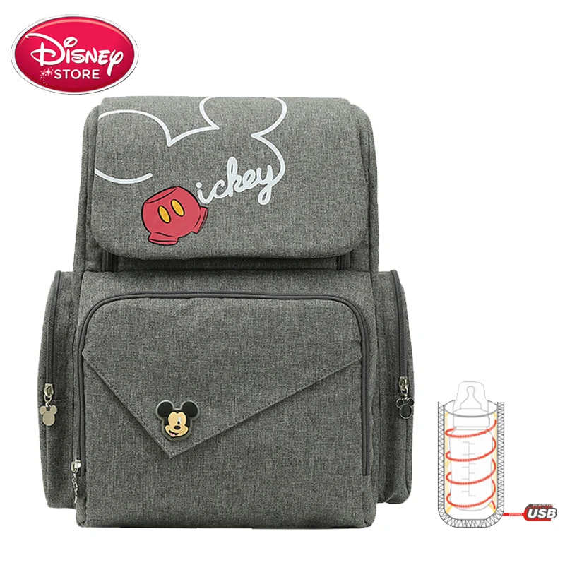Сумки Дисней, рюкзак для детских подгузников для мам, сумки для мам с Микки Маусом, дорожная сумка для мам, USB бутылка с подогревом для ухода за ребенком - Цвет: grey