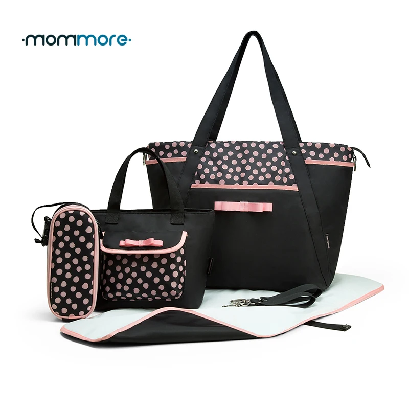 

mommore 4PCS/Set Diaper Bag with Baby Changing Pad Small Tote Bag Pink Dot Nappy Bags