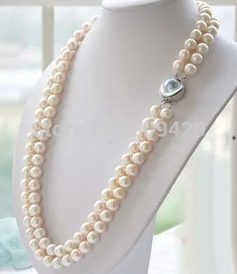 

~~ Free Shipping >2row 24-25" 9-10mm white round white PEARL necklace mabe