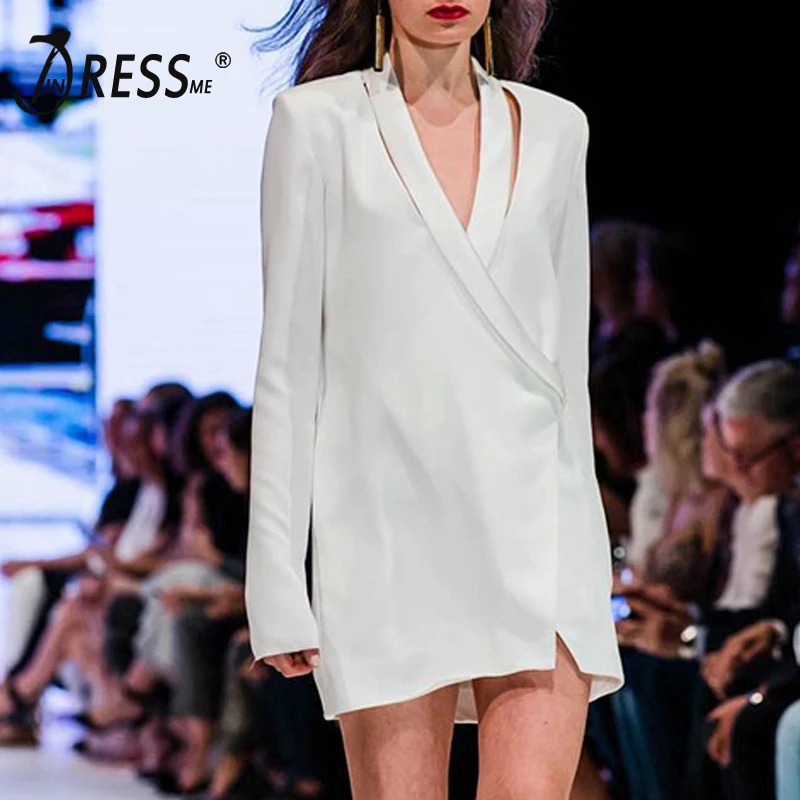 

INDRESSME Sexy Deep V Lapel Neck Women Blazers Dress Fashion Solid White Full Sleeve Long Sleeve Casual Women Suits 2019
