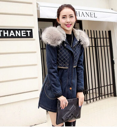 

Winter Coat Women Fashion Fur Hooded Thicken Wadded Denim Parkas Women Cotton Padded Jeans Jacket Plus Size XXL H6791