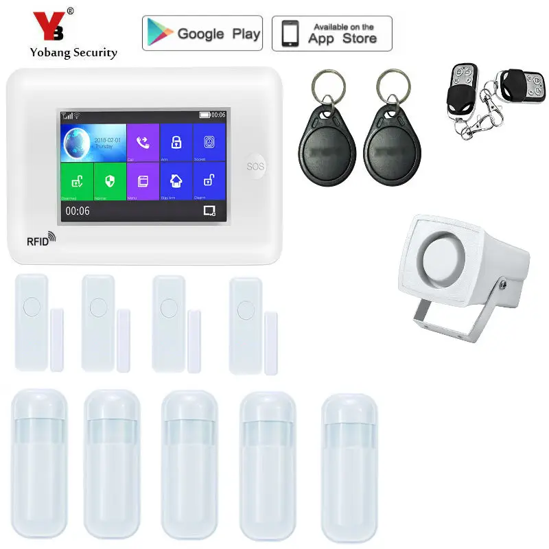 

Yobang Security Full Touch Screen Wireless Home Security WIFI GSM GPRS Alarm system Work With Alexa APP Control RFID Arm Disarm