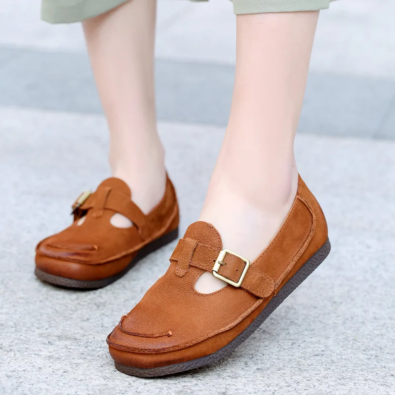 

Women Loafers Buckle Style 2019 Soft Bottom Leather Shoes Low Heels Spring Handmade Women Genuine Leather Flats Black Shoes