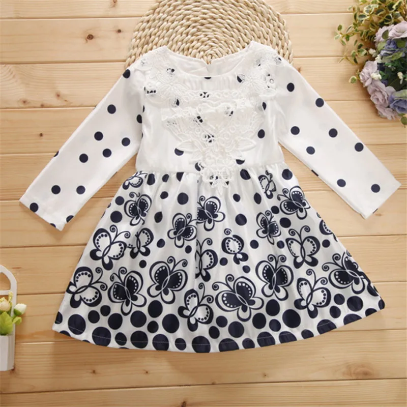 

Fashion New Flower Baby Girl Dress 2016 Autumn Children's Clothing Girls Dot Butterfly Print Princess Dresses Lace Kids Clothes