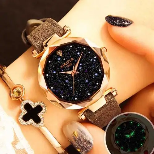 Ladies Watch New Casual Fashion Quartz Watch Starry Sky Multicolor Leather Wristwatch Simple Designer Women Clock Orologio - Цвет: grey