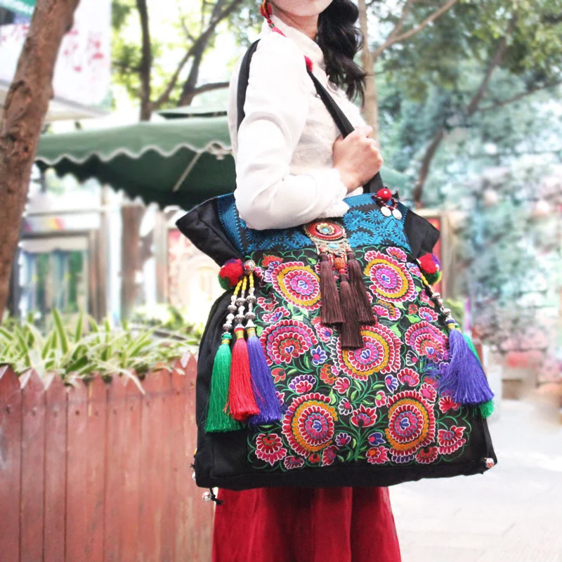 Супер большой 50 см Этническая сумка с вышивкой Hmong Boho Thai Tassel Вышитые Сумки Роскошные сумки с логотипом известного бренда Sac a Dos Femme