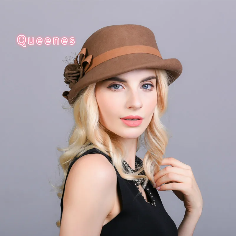 British Double Layers Women Bucket Hat Australian Wool Felt FLower