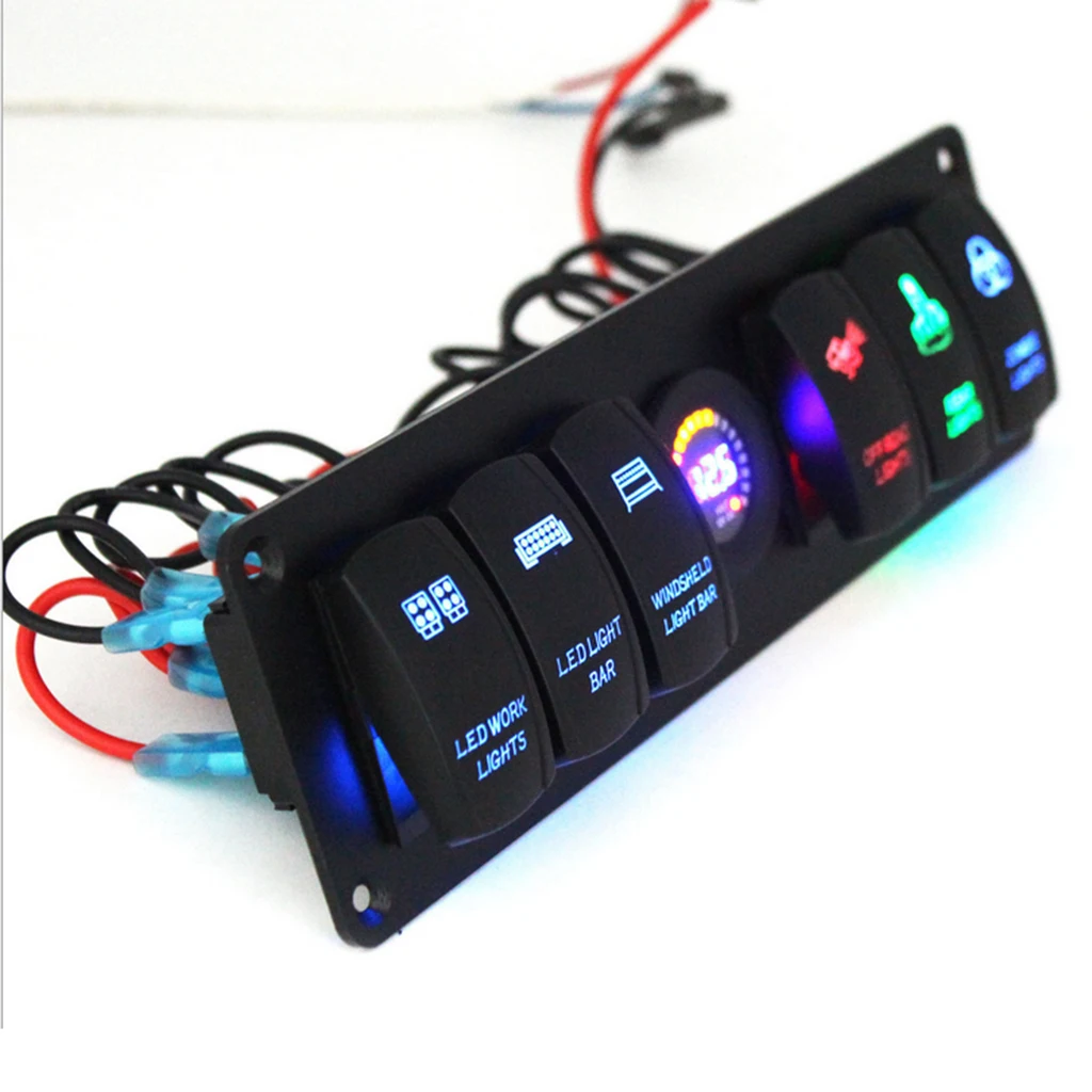 6 Gang Car Marine Boat Circuit RV LED Toggle Rocker Switch Panel Breaker Voltmeter for RV Car Boat Colorful Light