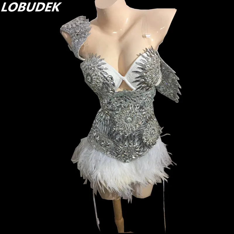 

Silvery Feather Sparkly stones Crystals bodysuit Bar Singer dancer show stage outfits Nightclub Female DJ DS Costume prom