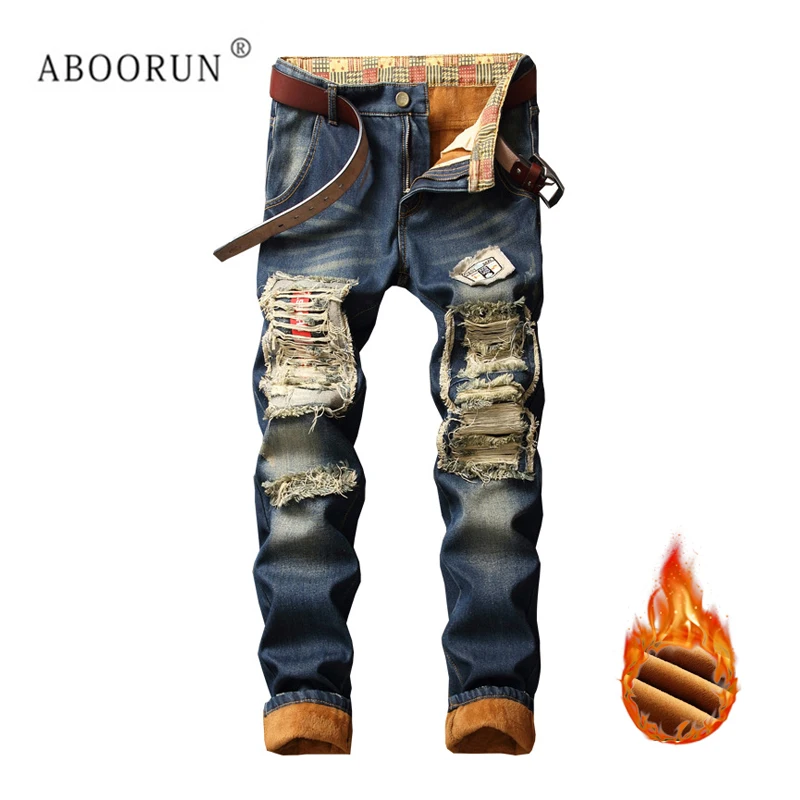 

ABOORUN Fashion Men's Winter Fleece Jeans Retro Ripped Denim Pants Hi Street Broken Hole Jeans for Male x1571
